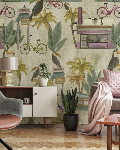 Fototapeta flamingi, palmy, samochody, sklepy Inkiostro Bianco SOUTH BEACH INKENIP1902 Natural Beauty