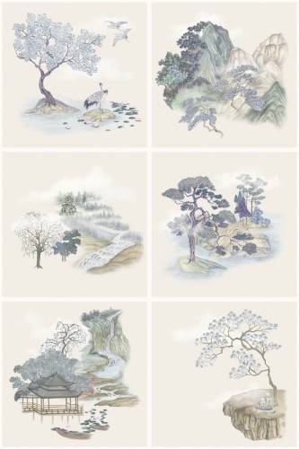 Tapeta sceny japońskiego ogrodu Cole & Son Tile Toile 126/10036 Shinrin Yoku