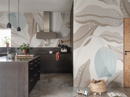 Fototapeta okazałe liście i kwiaty Rebel Walls R19960 Cool Flora Beige Blue Family Fun