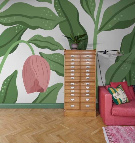 Fototapeta okazałe liście i kwiaty Rebel Walls R19962 Cool Flora White Pink Family Fun