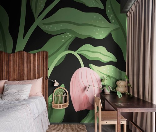 Fototapeta okazałe liście i kwiaty Rebel Walls R19963 Cool Flora Black Pink Family Fun