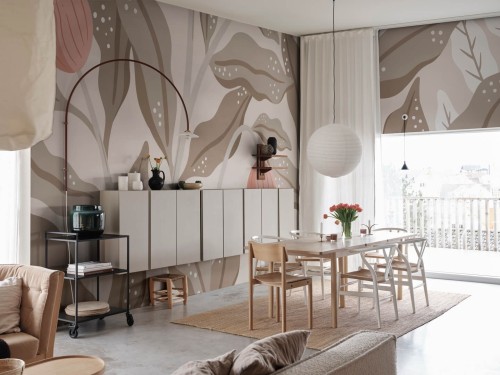 Fototapeta okazałe liście i kwiaty Rebel Walls R19964 Cool Flora Beige Pink Family Fun