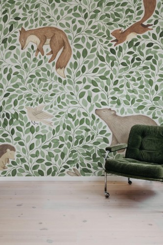 Fototapeta leśne zwierzątka i liście Rebel Walls R19967 Lullaby Green Family Fun