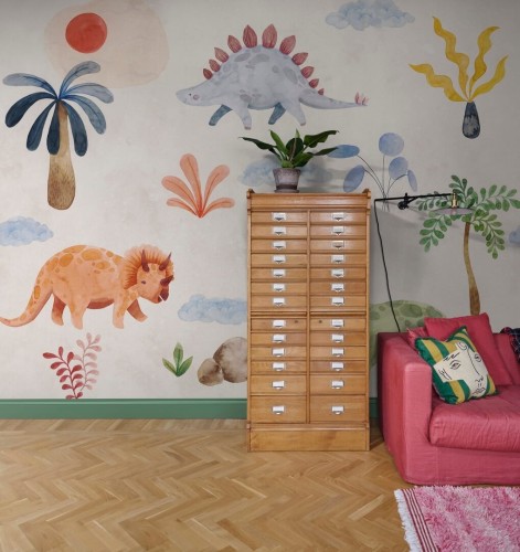 Fototapeta dinozaury Rebel Walls R19970 Dinosaur Oasis Beige Family Fun