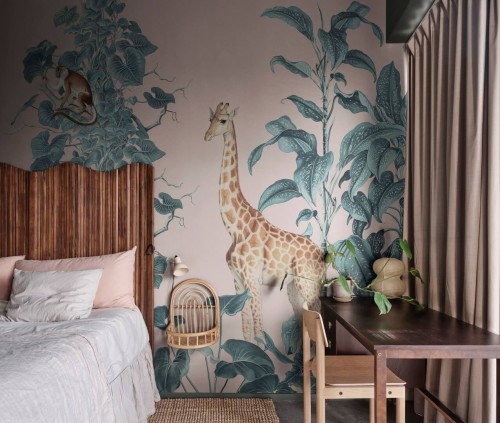 Fototapeta zwierzęta dżungli Rebel Walls R19992 Wildlife Stroll Pink Family Fun