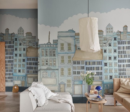 Fototapeta miasto Rebel Walls R20586 Funny Houses Light Blue Family Fun