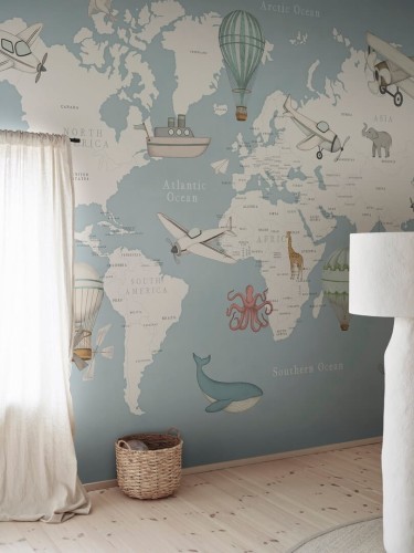 Fototapeta mapa świata Rebel Walls R20595 Playul World Light Blue Family Fun