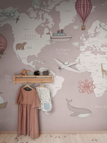 Fototapeta mapa świata Rebel Walls R20597 Playful World Light Pink Family Fun