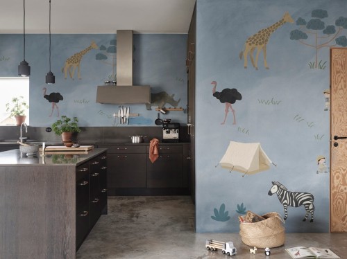 Fototapeta dzikie zwierzęta sawanny Rebel Walls R20598 Animal Safari Blue Family Fun