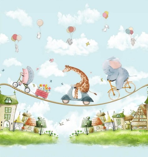 Mural zwierzęta na rowerach i skuterach Decoprint CW6039-1 Circus Zipline Cute Walls