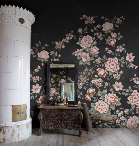 Fototapeta kwiatowe pnącza róż Rebel Walls R20354 Floral Chinoiserie Black Poetic