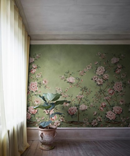 Fototapeta kwiatowe pnącza róż Rebel Walls R20355 Floral Chinoiserie Green Poetic