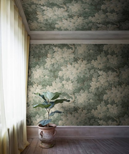 Fototapeta liście w stylu gobelinowym Rebel Walls R21351 Vintage Foliage Light Green Poetic