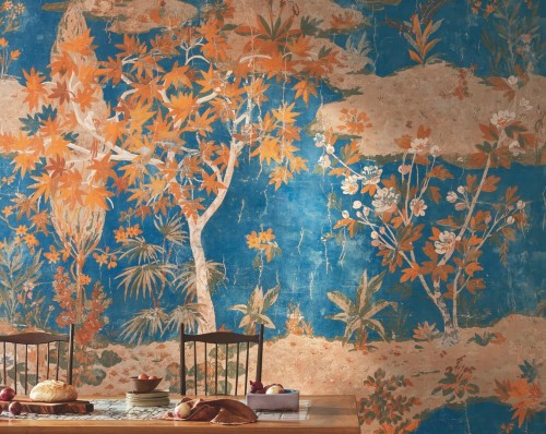 Mural roślinny na zniszczonej ścianie Elitis VP 962 02 Retour des Indes Ortigia