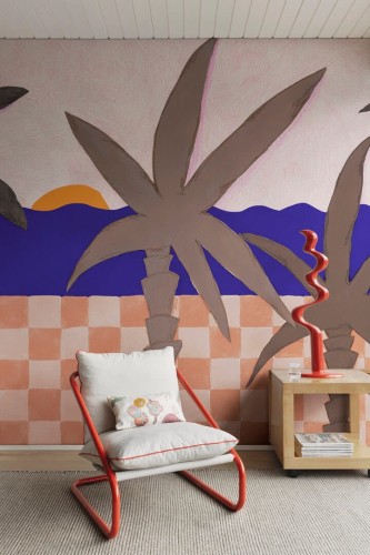 Fototapeta malowane palmy i motyw płytek Rebel Walls R20494 Palm Horizon Sunset Symbolic