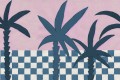 Fototapeta malowane palmy i motyw płytek Rebel Walls R20495 Palm Horizon Blue Pink Symbolic