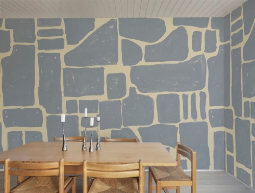 Fototapeta luźne szkice wykonane techniką gwaszu Rebel Walls R20498 Block Print Blue Yellow Symbolic