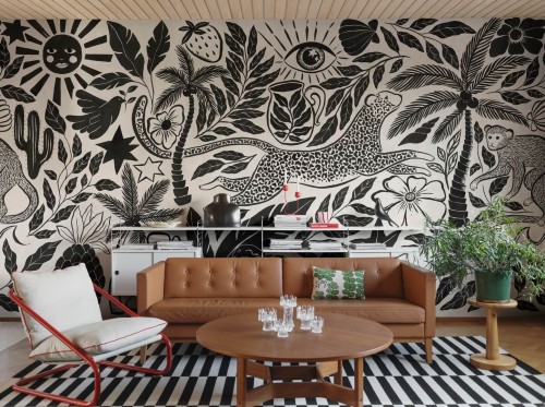 Fototapeta fantazyjny tropikalny krajobraz Rebel Walls R20505 Midnight Tropics Black White Symbolic