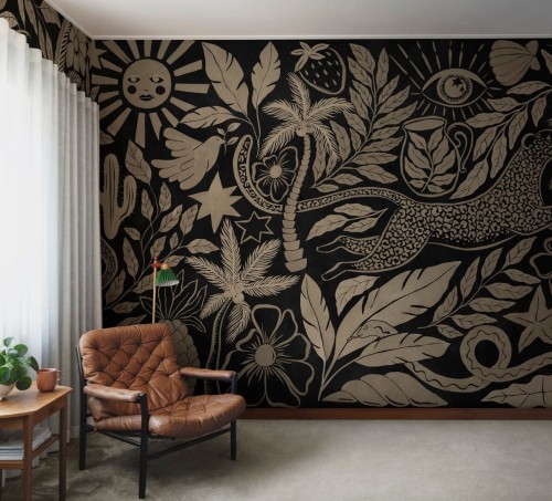 Fototapeta fantazyjny tropikalny krajobraz Rebel Walls R20508 Midnight Tropics Gold Symbolic