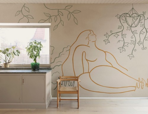 Fototapeta szkic kobiecej postaci i bujna roślinność Rebel Walls R21236 Lush Lines Orange Green Symbolic