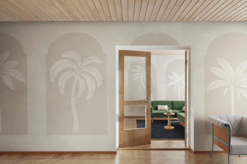 Fototapeta klasyczne łuki i stylizowane palmy Rebel Walls R21250 Palm Arches Beige Symbolic