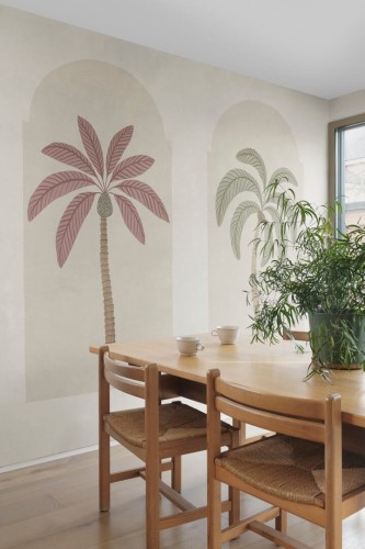 Fototapeta klasyczne łuki i stylizowane palmy Rebel Walls R21251 Palm Arches Green Red Symbolic