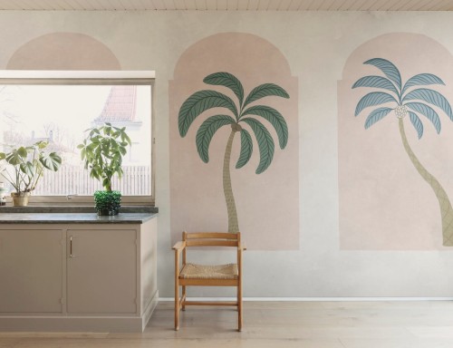 Fototapeta klasyczne łuki i stylizowane palmy Rebel Walls R21252 Palm Arches Green Pink Symbolic