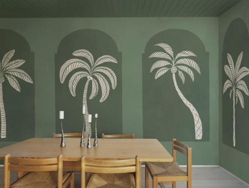 Fototapeta klasyczne łuki i stylizowane palmy Rebel Walls R21254 Palm Arches Green Symbolic
