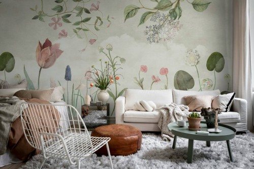 Fototapeta kwiaty i liście Rebel Walls R20857 Floral Nostagia Pastel Hot Pops