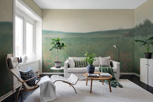 Fototapeta malarskie pola maków Rebel Walls R21538 Poppy Landscape Dawn Hot Pops