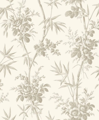 Tapeta roślinna - róże i liście bambusa Casadeco BTJD 201709339 Flanerie Les Belles Toiles De Jouy 2