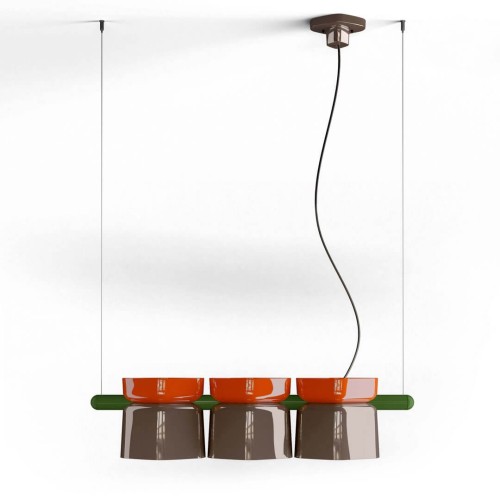 Lampa ceramiczna wisząca z trzema kloszami Ferroluce C2790 Arancio Volpe + Moka Yakitori Deco