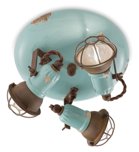 Lampa sufitowa potrójna z kratką Ferroluce C1679-1 Vintage Azzurro Loft Retro