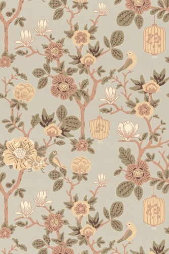 Tapeta botaniczna - ptaki, gałęzie, lampiony Majvillan 160-02 Tokyo Tea A Sipp of Summer's Spell