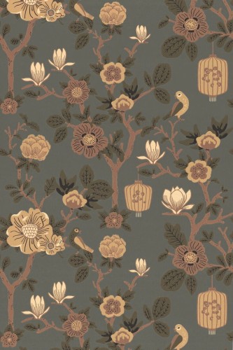 Tapeta botaniczna - ptaki, gałęzie, lampiony Majvillan 160-03 Tokyo Tea A Sipp of Summer's Spell