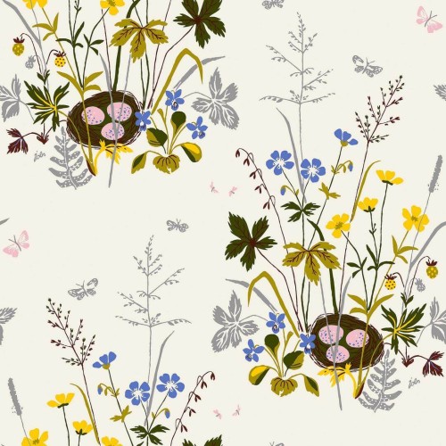 Tapeta łąką i ptasie gniazda Boras Tapeter 1961 Lisbet Jobs Fågelbo Scandinavian Designers