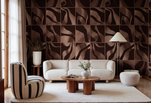 Fototapeta kwadraty z płynnymi formami Rebel Walls R21129 Floating Tiles Dark Brown Modern Simplicity