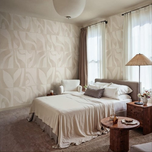 Fototapeta kwadraty z płynnymi formami Rebel Walls R21134 Floating Tiles Beige Modern Simplicity