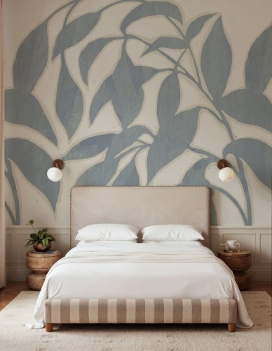 Fototapeta stylizowane liście Rebel Walls R21770 Leaf Sillhouette Blue Modern Simplicity