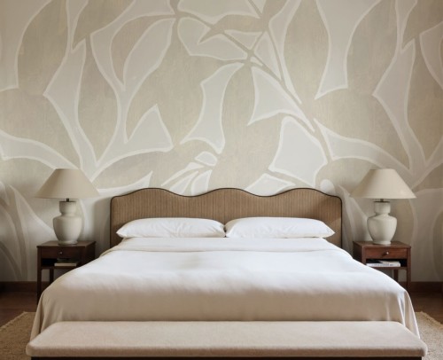 Fototapeta stylizowane liście Rebel Walls R21771 Leaf Sillhouette Beige Modern Simplicity