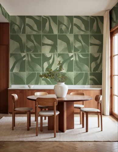 Fototapeta kwadraty z płynnymi formami Rebel Walls R21131 Floating Tiles Dark Green Modern Simplicity