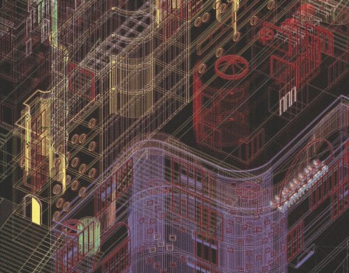 Mural miasto w formie neonowego rysunku technicznego na błyszczącej folii Marburg 48231 Avangarde Belgrade