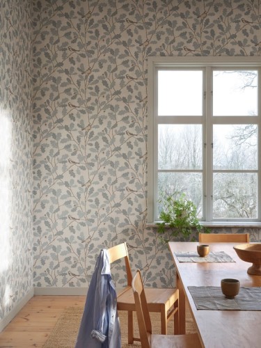 Fototapeta botaniczna - ptaki i liście dębu Sandberg S10731 Waldemar Light Blue Heritage