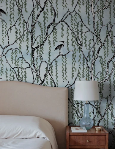 Fototapeta botaniczna - żurawie i drzewa Rebel Walls R21308 Droptree Blue Sophisticated Luxe