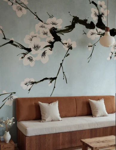 Fototapeta gałęzie kwitnącej wiśni Rebel Walls R21314 Blush of Spring Blue Sophisticated Luxe