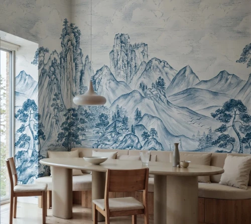Fototapeta krajobraz gór i sosen Rebel Walls R21987 Timeless Pines Blue Sophisticated Luxe