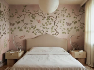 Fototapeta żurawie w scenerii ogrodowej Rebel Walls R21996 Where Cranes Dream Pink Sophisticated Luxe