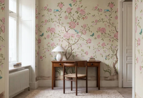 Fototapeta botaniczna w stylu chinoiserie Rebel Walls R21650 Chinoiserie Botanica Pink Botanical Gardens
