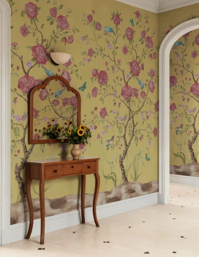 Fototapeta botaniczna w stylu chinoiserie Rebel Walls R21651 Chinoiserie Botanica Red Botanical Gardens