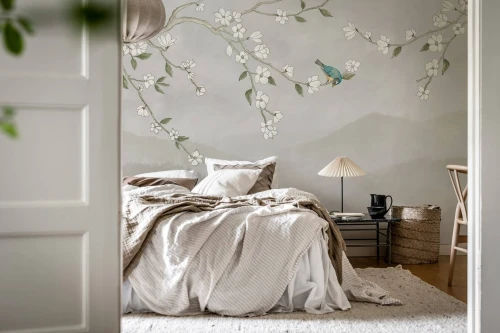 Fototapeta ptak na kwitnącym drzewie Rebel Walls R21754 Bird in Tree White Hot Pops